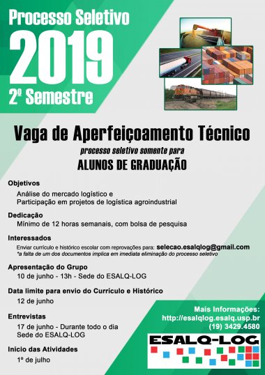 ESALQ-LOG abre vagas de aperfeiçoamento técnico para 2019