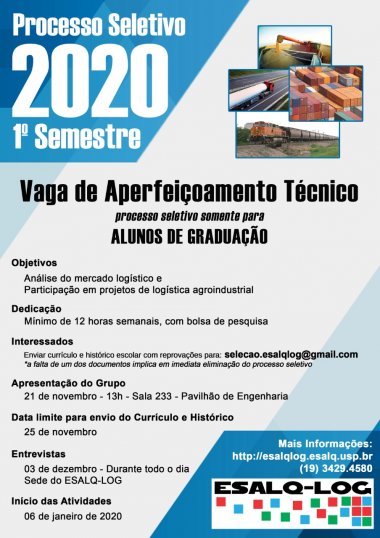 ESALQ-LOG abre vagas de aperfeiçoamento técnico para 2020