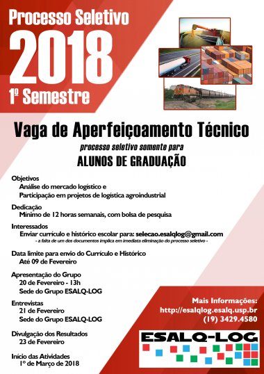 ESALQ-LOG abre vagas de aperfeiçoamento técnico para 2018